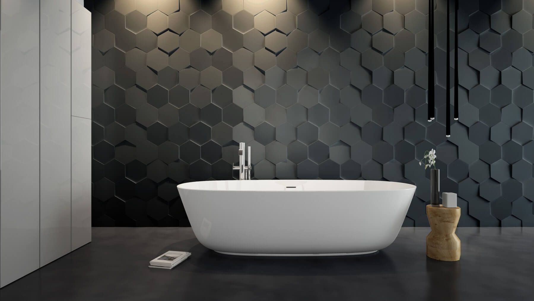 Tiles add texture to an accent wall in a bathroom