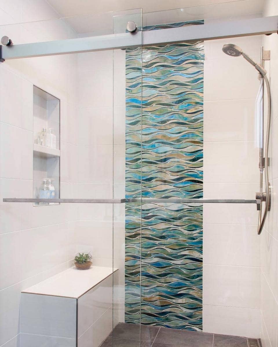 Elevate your bathroom design with uniquely shaped tiles in bold colors