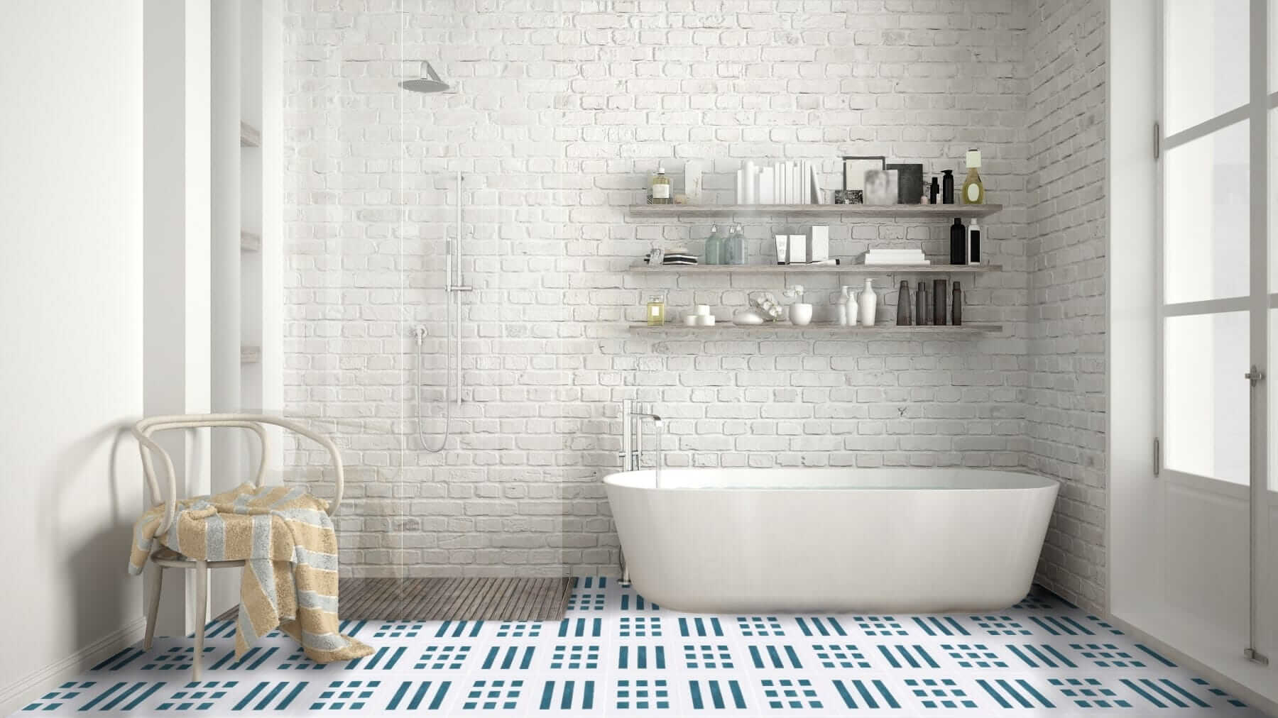 Geometric cement tiles on a bathroom floor