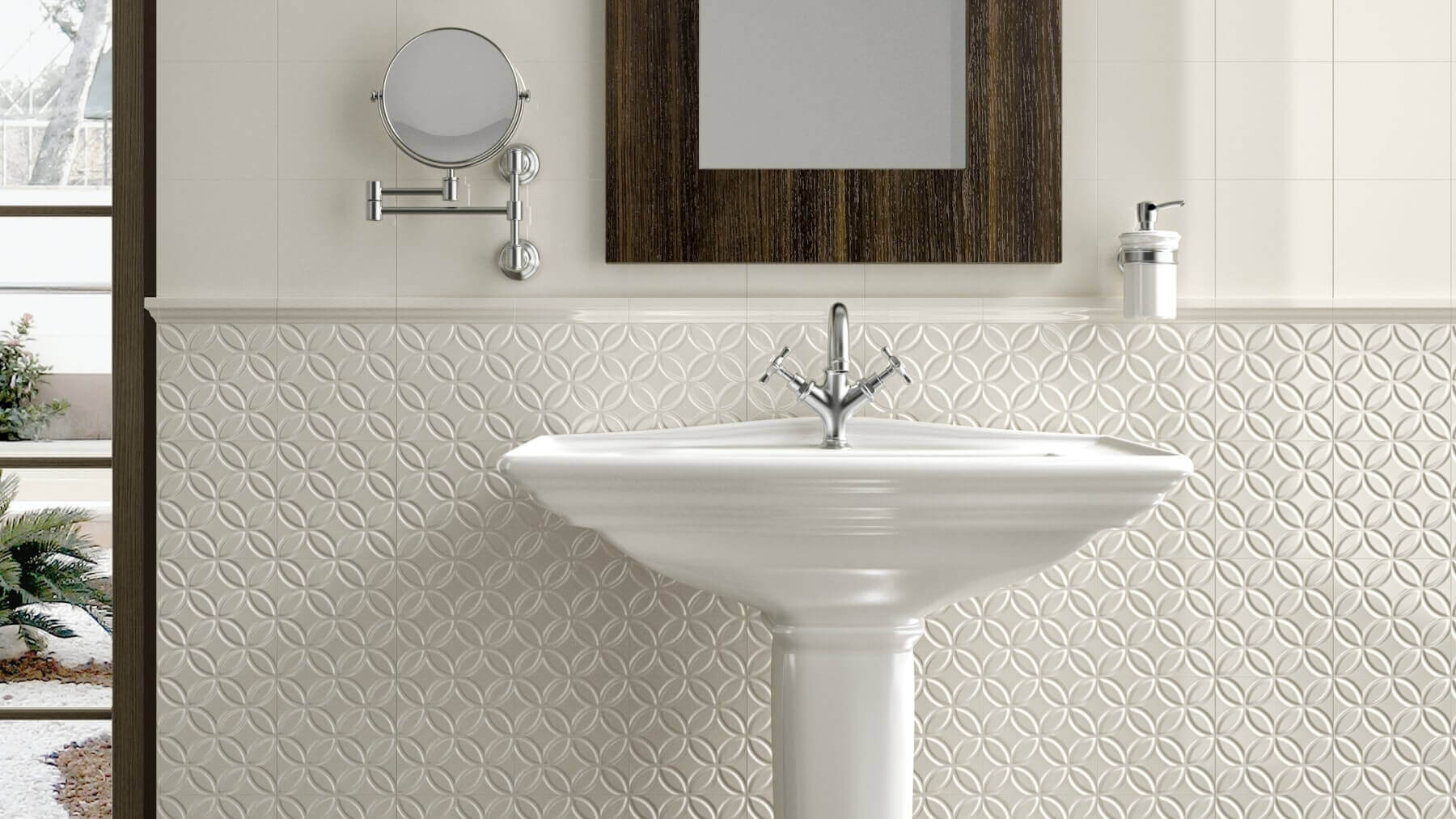 White geometric tiles create depth and texture.