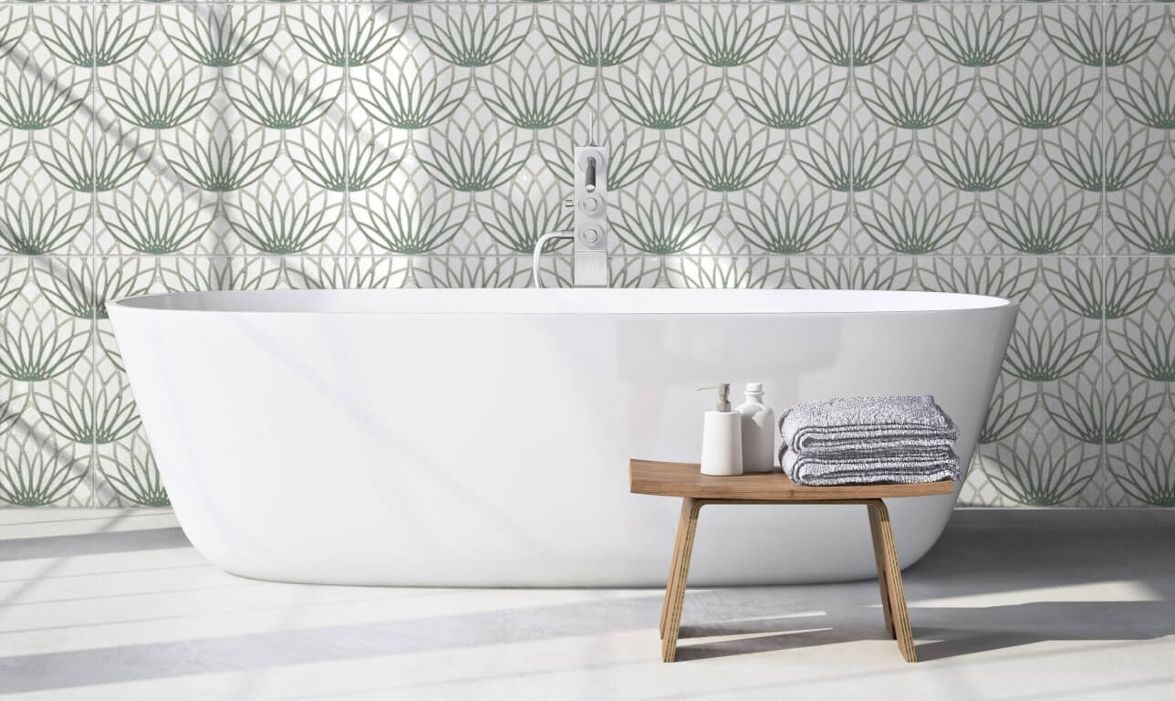 Printed ceramic and porcelain tiles can add depth to an otherwise plain color palette